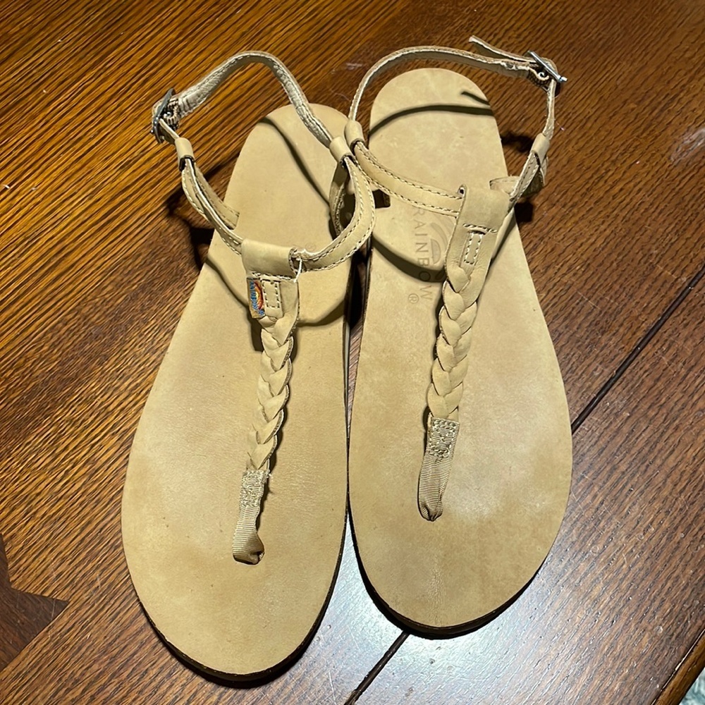 Rainbow T-Strap braided sandals - size 10. Leather